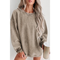 Khaki Solid Ribbed Knit Round Neck Pullover Sweatshirt - L