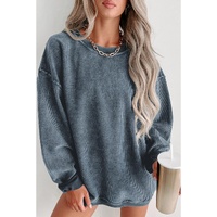 Blue Solid Ribbed Knit Round Neck Pullover Sweatshirt - S