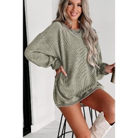 Green Solid Ribbed Knit Round Neck Pullover Sweatshirt - M