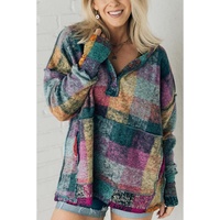 Multicolor Brushed Plaid Buttoned Pullover Oversized Hoodie - L