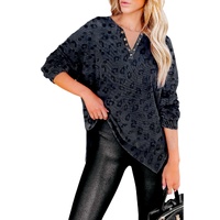 Gray Leopard Print Button Split Neck Waffle Sweatshirt - M