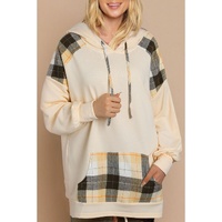 Khaki Plaid Patchwork Kangaroo Pocket Oversized Hoodie - M