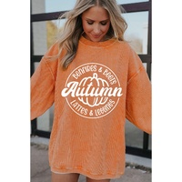 Orange Autumn Pumpkin Graphic Print Corded Oversized Sweatshirt - L