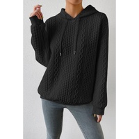 Black Cable Textured Casual Drawstring Hoodie - S