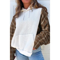 White Waffle Patch Plaid Sleeve Kangaroo Pocket Hoodie - S