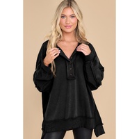 Black Oversized Exposed Seam Henley Sweatshirt - S