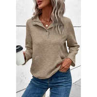 Pale Khaki Textured Knit Buttoned Kangaroo Pocket Sweatshirt - L