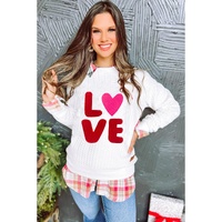 White LOVE Chenille Embroidered Cable Knit Pullover Sweatshirt - 2XL