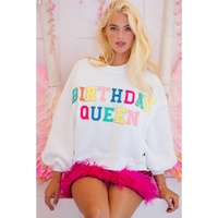 White BIRTHDAY QUEEN Graphic Balloon Sleeve Sweatshirt - M