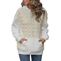 Beige Drop Shoulder Quilted Patchwork Kangaroo Pocket Hoodie - S