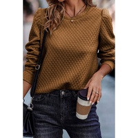 Brown Solid Color Quilted Puff Sleeve Pullover Sweatshirt - XL