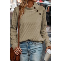 Apricot Quilted Buttoned Neckline Stand Neck Pullover Sweatshirt - S