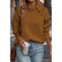 Chestnut Quilted Buttoned Neckline Stand Neck Pullover Sweatshirt - L