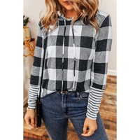 Multicolour Plaid Striped Patchwork Drawstring Hoodie - M