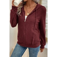 Red Dahlia Ribbed Zip Up Front Drawstring Hoodie - L