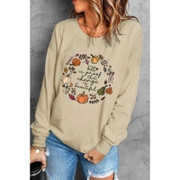 Khaki Fall Vibe Pumpkin Print Round Neck Sweatshirt - S