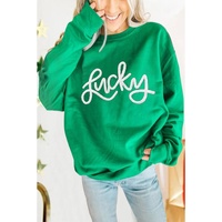 Green LUCKY Aphabet Chenille Embroidered Pullover Sweatshirt - XL