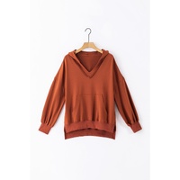 Chestnut V Neck Kangaroo Pocket Oversized Hoodie - L