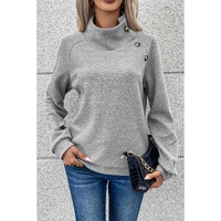 Gray Asymmetric Buttons Detail High Neck Textured Sweatshirt - M