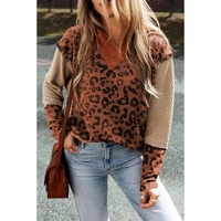 Brown Textured Knit Patchwork Leopard Hoodie - L