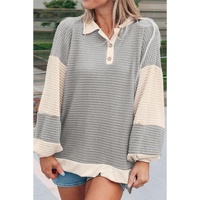 Khaki Textured Colorblock Collared Henley Top - L
