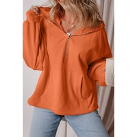 Orange Fleece Lined Half Zipper Kangaroo Pockets Loose Hoodie - L