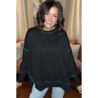 Black Contrast Stitching Split Baggy Sweatshirt - L