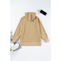 Simply Taupe Solid Ribbed Knit Buttoned Drop Shoulder Oversized Hoodie - 2XL