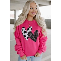 Strawberry Pink Cow &amp; Sequin Double Heart Patch Graphic Sweatshirt - L