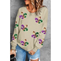 Khaki Sequin Mardi Gras Graphic Pullover Sweatshirt - S