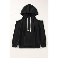Black Exposed Seam Cold Shoulder Drawstring Hoodie - M