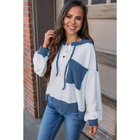 White Corded Colorblock Patch Pocket Drawstring Hooded Top - XL