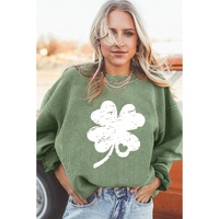 Grass Green Distressed Clover Print St Patricks Corded Sweatshirt - S