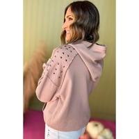 Fushia Solid Color Rivet Stud Raglan Sleeve Hoodie with Pocket - L