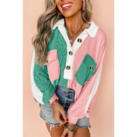 Pink Colorblock Ribbed Collared Oversized Sweatshirt - XL