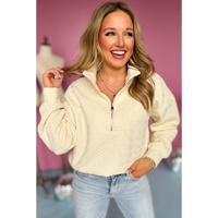 Beige Solid Textured Half Zipper Collared Sweatshirt - S