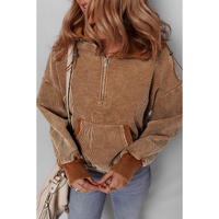 Chestnut Half Zipper Kangaroo Pocket Drawstring Corduroy Hoodie - L