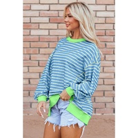 Sky Blue Stripe Contrast Trim High Low Pullover Tunic Sweatshirt - L