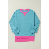 Light Blue Colorblock Patchwork Crew Neck Loose Sweatshirt - L