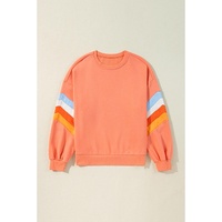 Flamingo Rainbow Striped Sleeve Crew Neck Loose Sweatshirt - L