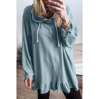 Iceland Blue Solid Ruffled Hem Loose Fit Tunic Hoodie - L