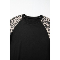 Black Leopard Print Colorblock Raglan Sleeve Sweatshirt - M