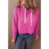 Sachet Pink Solid Drop Shoulder Drawstring Cropped Hoodie - L