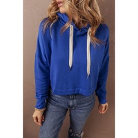 Dark Blue Solid Drop Shoulder Drawstring Cropped Hoodie - XL