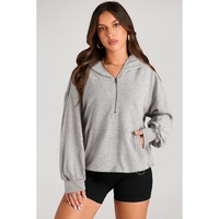 Light Grey Solid Kangaroo Pocket Half Zipper Oversized Hoodie - 2XL