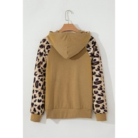 Light French Beige Leopard Print Patchwork Raglan Sleeve Half Buttons Hoodie - L