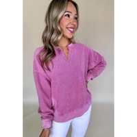 Bright Pink Solid Color Notched Neck Drop Shoulder Sweatshirt - 2XL