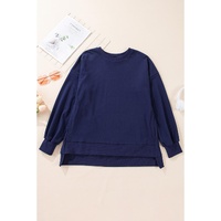 Navy Blue Solid O Neck High Low Hem Pullover Sweatshirt - L