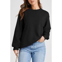 Black Plain Drop Shoulder Crewneck Pullover Sweatshirt - L