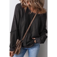Black Solid Waffle Knit Patchwork Raglan Sleeve Sweatshirt - L